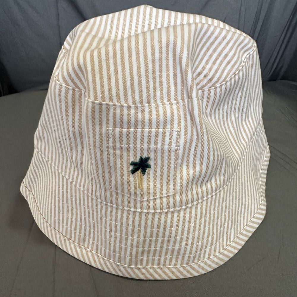 Janie and Jack Beige and White Striped Bucket Hat with Tiny Palm Embroidery